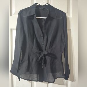 Nic+Zoe Silk & Linen Tie Front Button Down Blouse, Textured, Semi-Sheer, EUC!